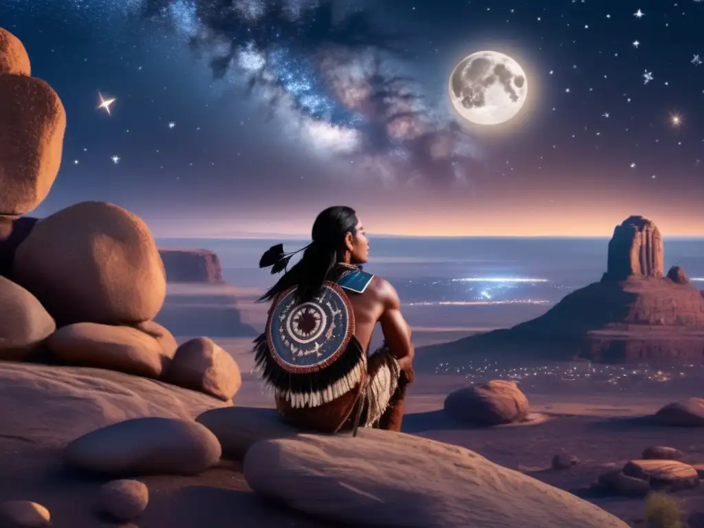 A Native American man stands contemplatively on a rocky ledge, gazing out at the vast starry sky with a small asteroid in the distance