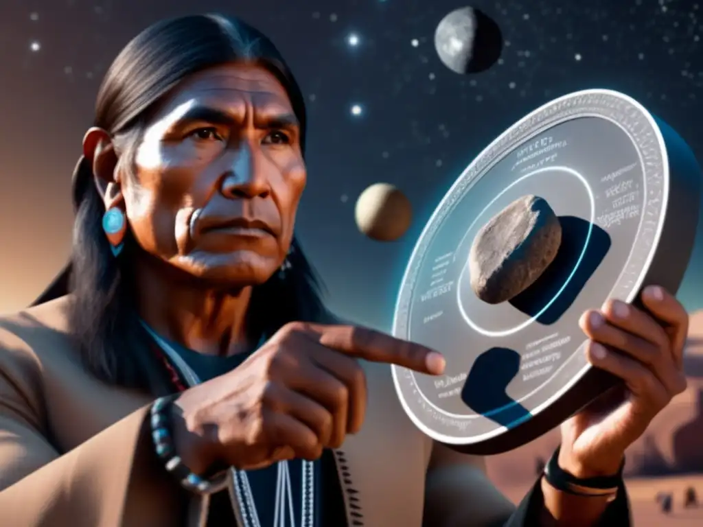 A photorealistic image of a Native American man holding a stone tablet that depicts a complex diagram of an asteroid, featuring its composition, surface, and trajectory with the space background blurred to highlight the asteroid