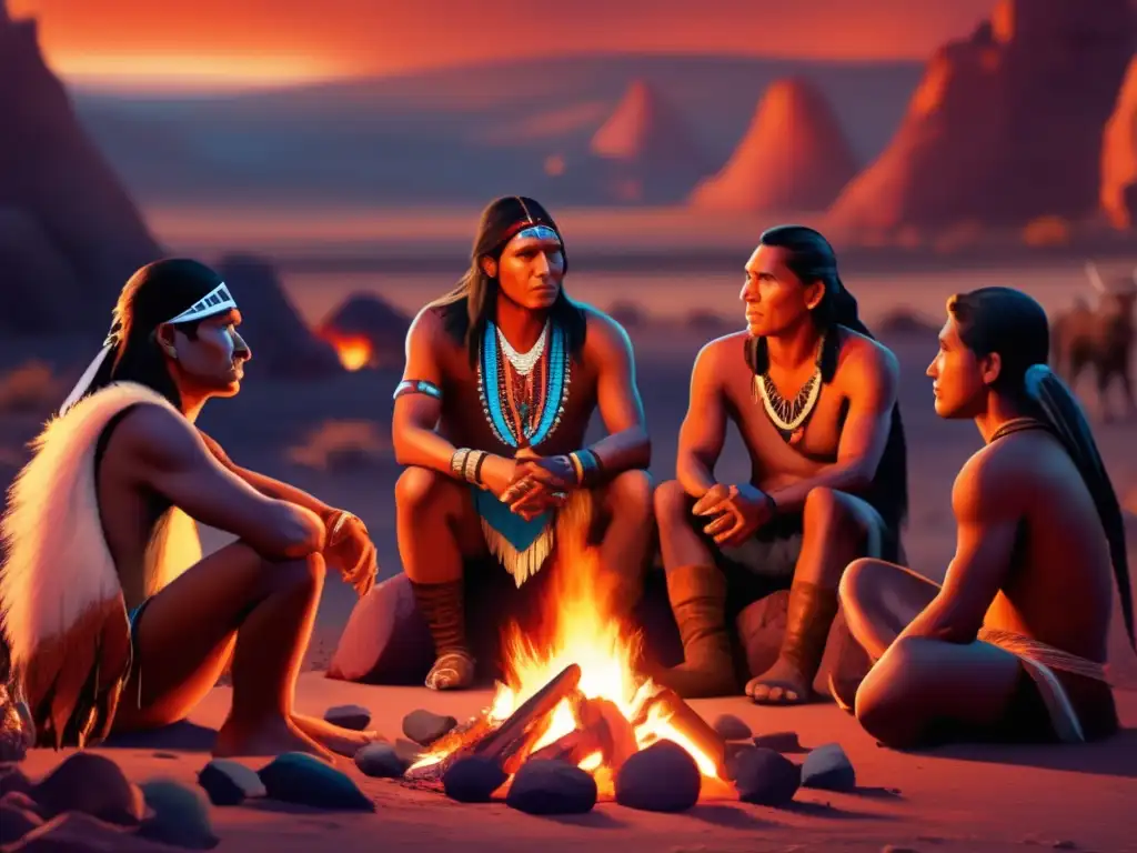 A photorealistic portrait of Native American tribe members gathered around a fire, shining with an orange glow