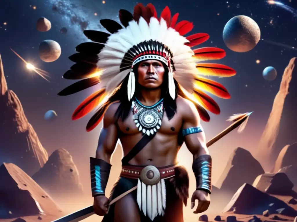 A mystical warrior stands tall in space, clad in a headdress of feathers and armed with weapons of the time
