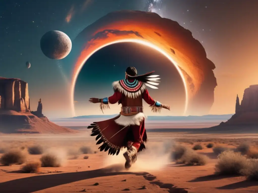 A stunning Native American dancer in traditional attire gracefully moves amidst a vast, serene landscape