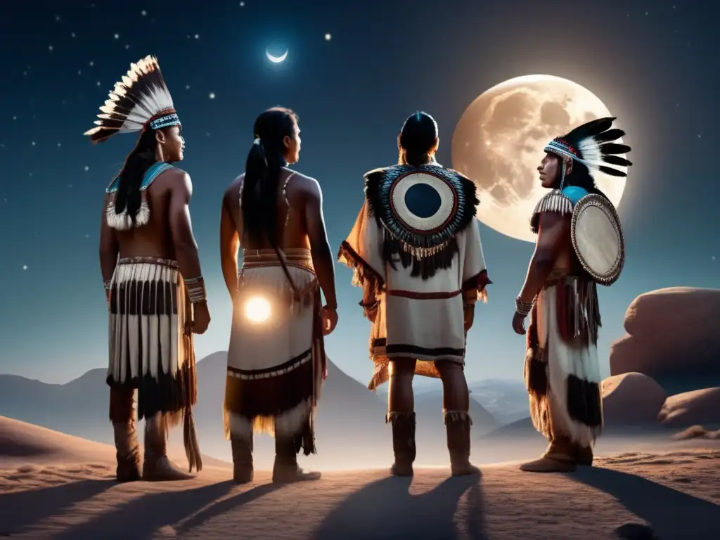 A stunning photo-realistic depiction of a Native American tribe in admiration as the moon and stars align, honoring their spiritual beliefs and connection to nature