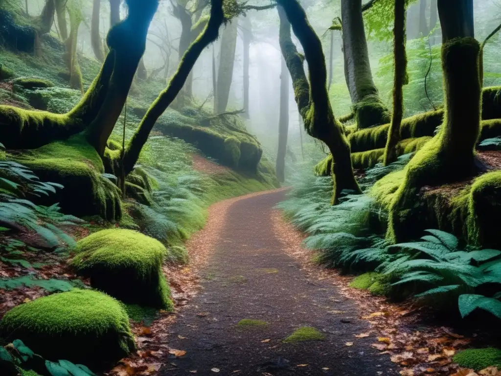 Glimpse into the heart of nature: A dimly lit path, winding through a dense forest of towering trees, blanketed in shadows and hues of green