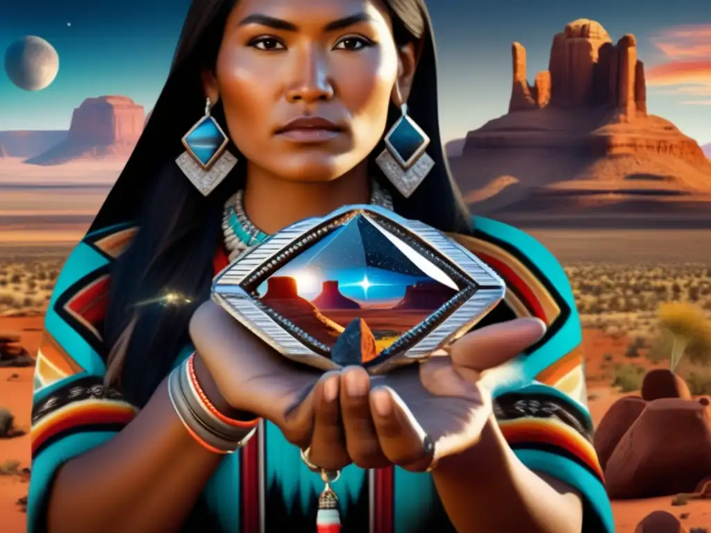 A striking photograph captures a Navajo woman, proudly presenting her meteorite-shaped crystal bracelet against a backdrop of rugged Navajo landscapes