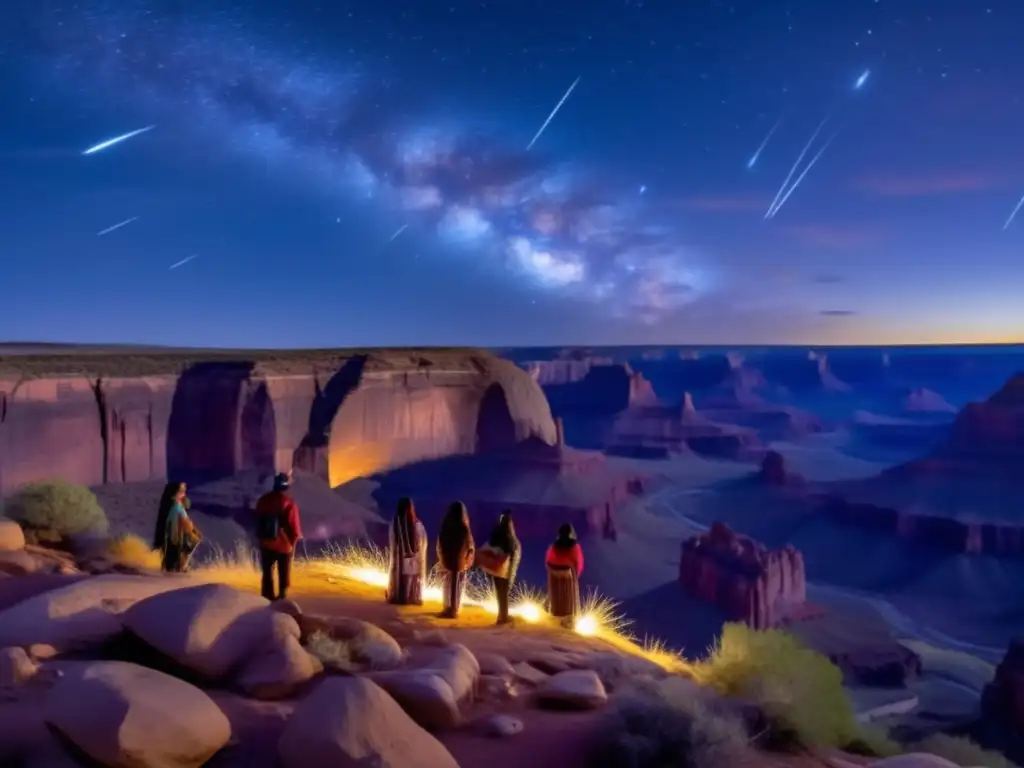 Navajo individuals stand atop cliff, in awe of shooting stars cascading across the Night Sky, their cultural significance illuminated, on a photorealistic canvas