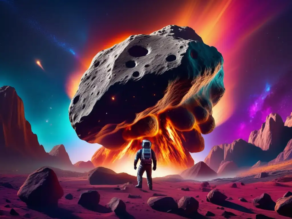A magnificent asteroid floating through a vibrant nebula, where swirling colors and particles create a breathtakingly mesmerizing visual effect -