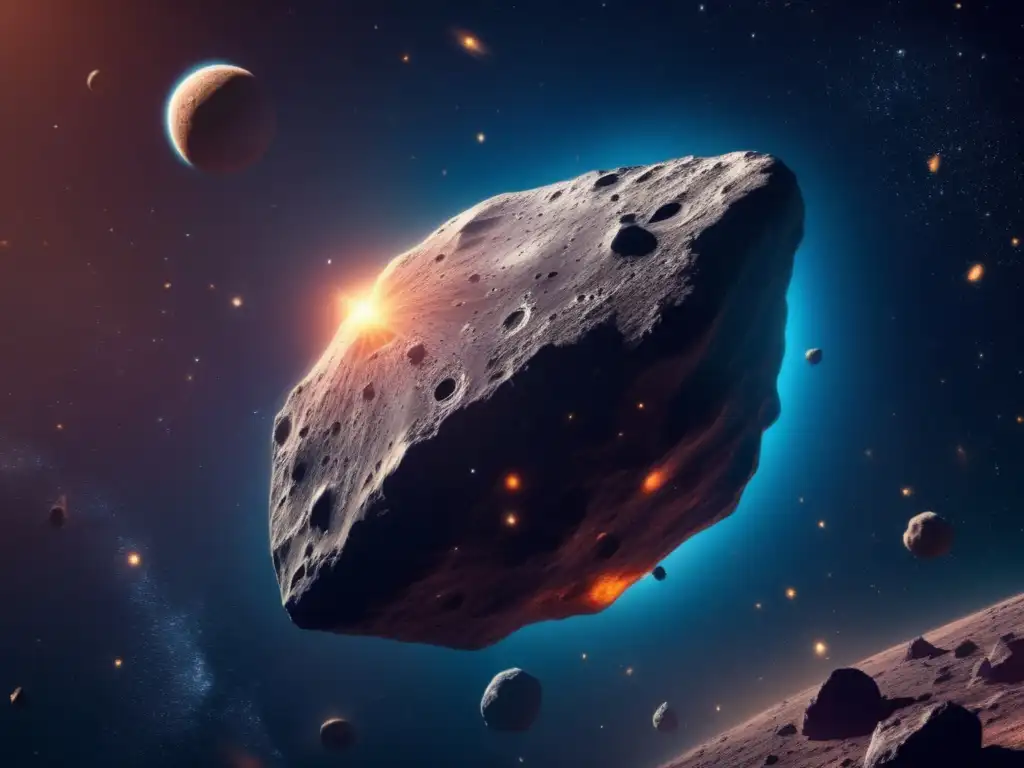 A colossal asteroid floats through the cosmos, illuminated by naturalistic lighting