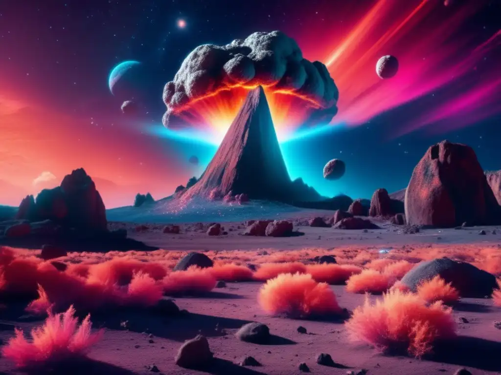 A mesmerizing infrared photo reveals a vibrant ecosystem thriving after an asteroid impact, with glowing nebulae as its backdrop