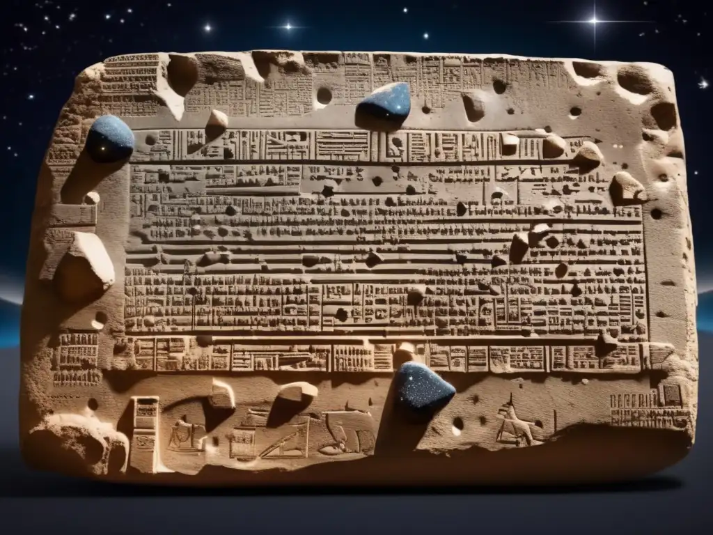 Ancient knowledge curated in gold and red ink, the Babylonian cuneiform tablet reveals a detailed map of the night sky, marked with asteroids, a testament to their understanding of celestial bodies in their beliefs and daily happenings