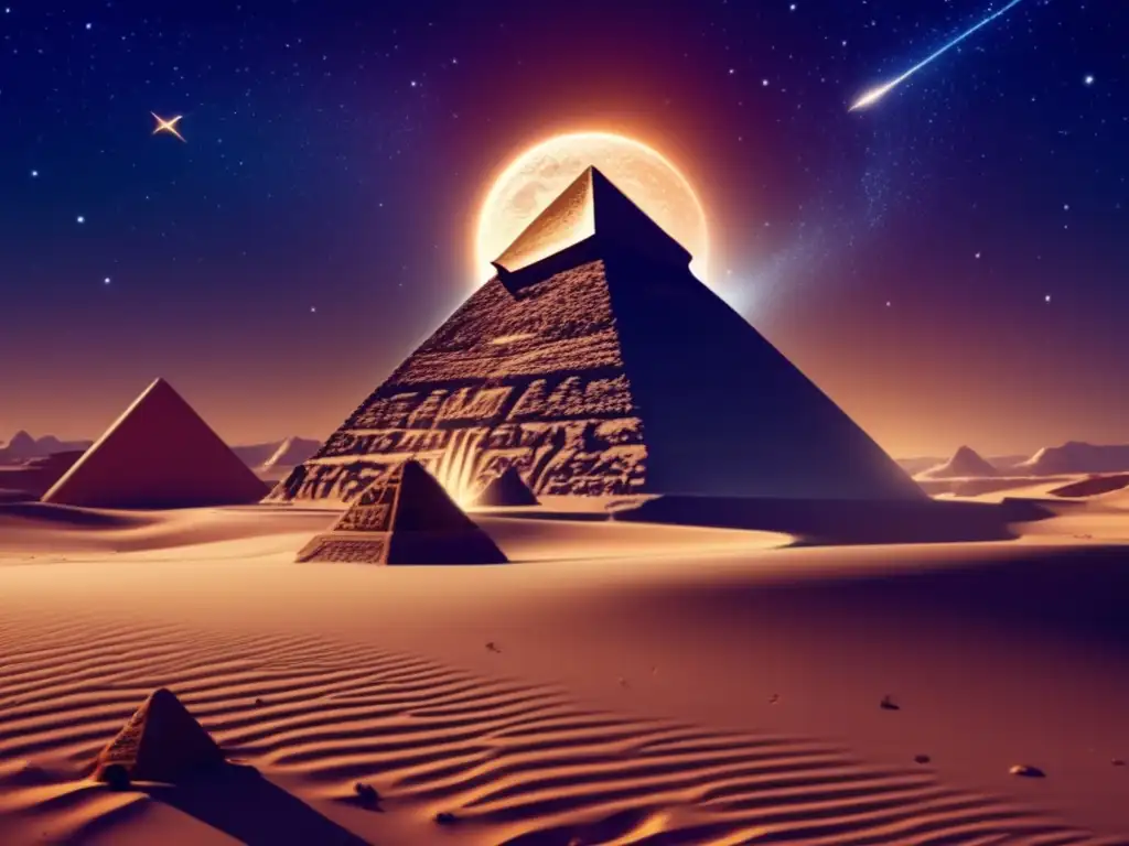 A photorealistic image of a clear night sky over a vast desert landscape, with a large pyramid rising from the sand in the background