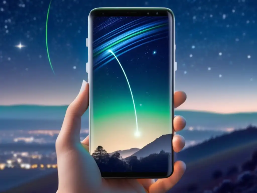 A stunning image of a modern smartphone imbued with a sleek design, its screen glowing with a bright cursor, 
as it accurately tracks an asteroid's trail through the depths of the night sky 
to a map of galaxies and stars