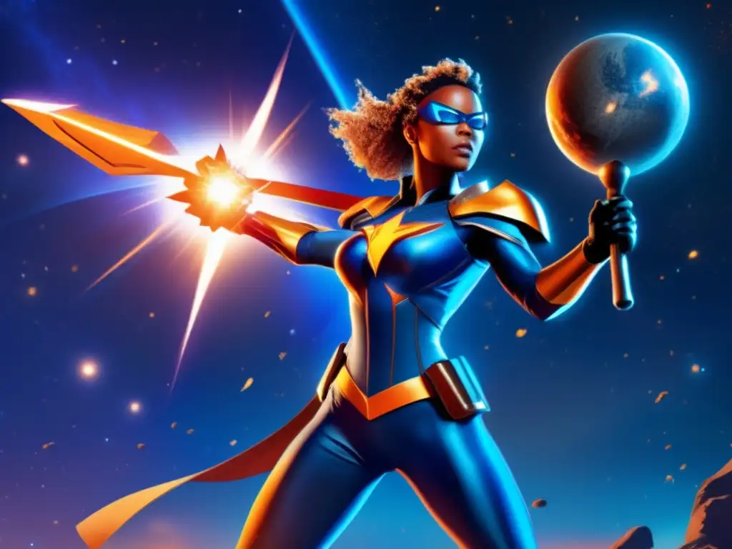 Nova stands tall and resolute, clutching a staff with an asteroid symbol against a gradient of bright blue and orange