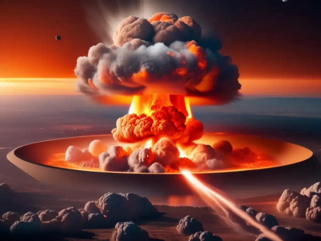 A closeup photograph of a nuclear explosion sourcing light, illuminating an fiery orange horizon