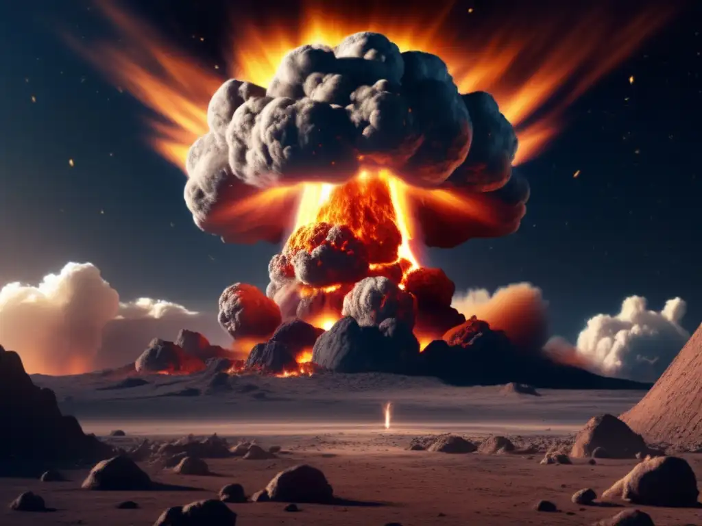 Intense photorealistic depiction of a nuclear explosion on an asteroid encountering Earth in space