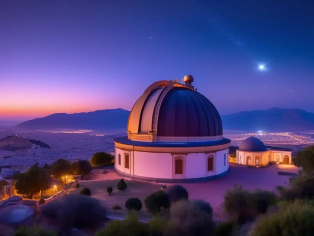 Panoramic view of Palermo's Observatory during dusk, with its iconic dome and telescopes illuminated against the dark night sky, while Juno soars high above - a captivating and informative image for all astronomy enthusiasts