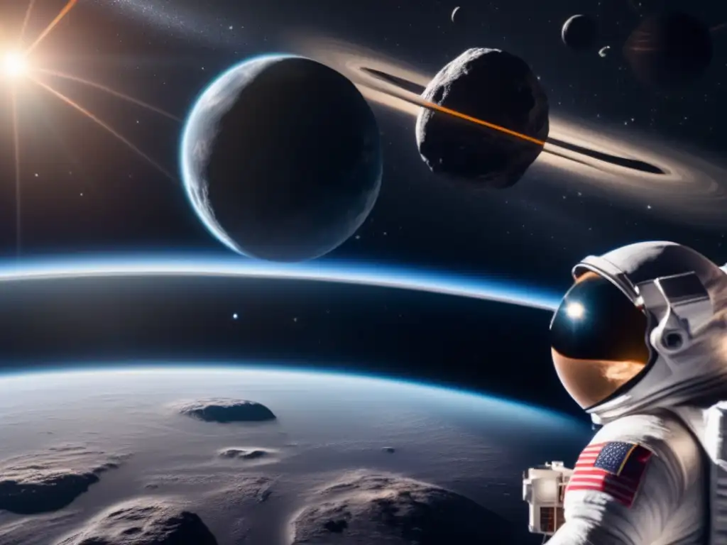 A stunning image of a lonely black obsidian asteroid in the depths of space, the earth and sun faintly visible in the background, draws the gaze of a focused astronaut on a spaceship, lost in contemplation of the asteroid's trajectory