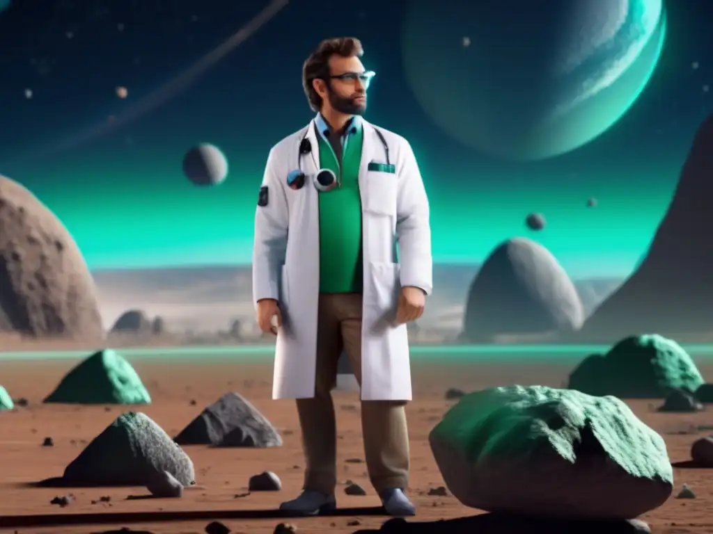 Photorealistic image of a scientist in a white lab coat with a pair of glasses inspecting a huge asteroid on a large bluegreen planet