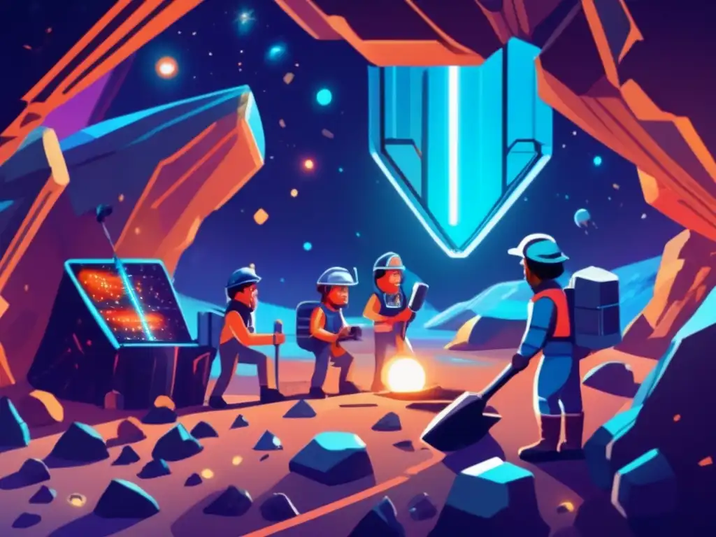 Expedition of three miners in a futuristic opal mine in space, surrounded by glowing blue asteroids and guided by sleek, modern equipment