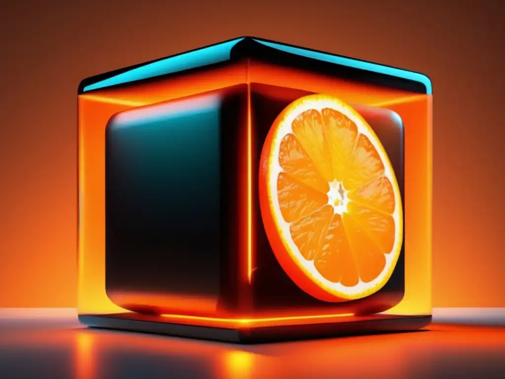 A captivating close-up of a flawless 1-unit radius cube crafted entirely of succulent oranges, brimming with juicy sections and boasting a vivid, radiant hue