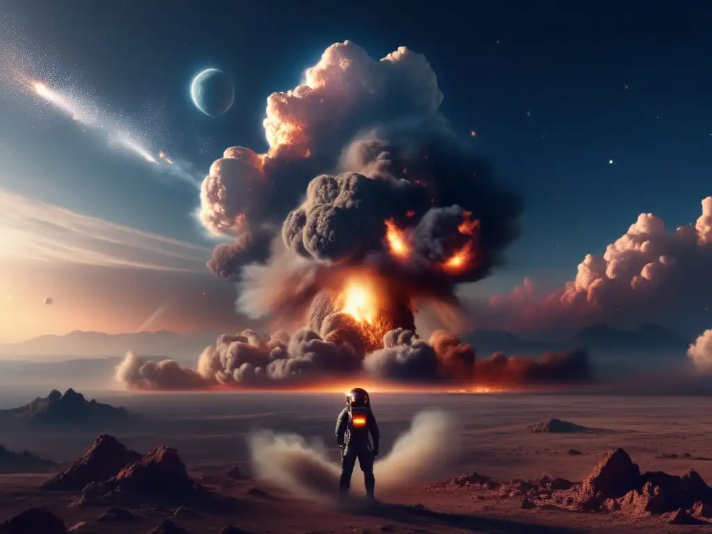 A distant view of a celestial object emitting a massive explosion, with billowing smoke and debris, against a backdrop of the vast expanse of space