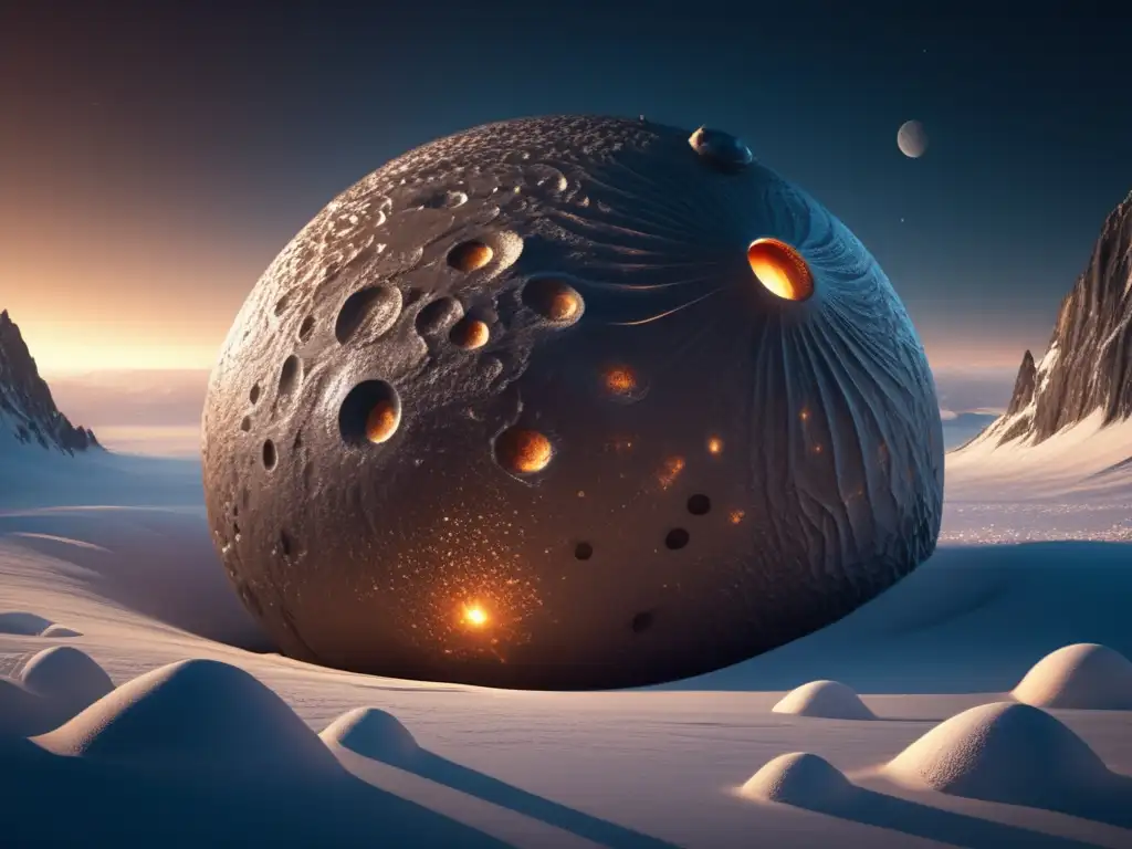 An artistically rendered, photorealistic portrayal of Orcus, a massive, icy spheroidal object located in the Kuiper Belt, with intricate details capturing the surface textures of grooves, ridges, and craters, evoking an atmosphere of mystery and wonder through the use of shades and shadows, and with a sense of depth and interplay of light and dark