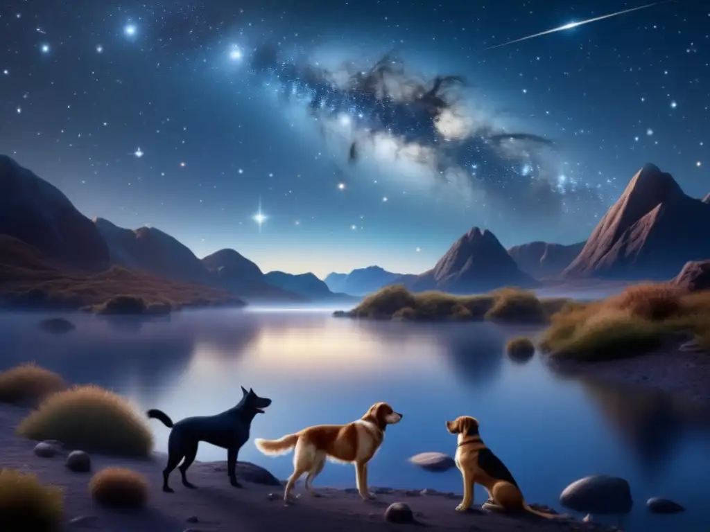 The mythical sea monster reigns supreme in this highly detailed and captivating photorealistic image, complete with a winding neck and glittering scales, as Orion and his loyal hunting dogs venture off into the unknown