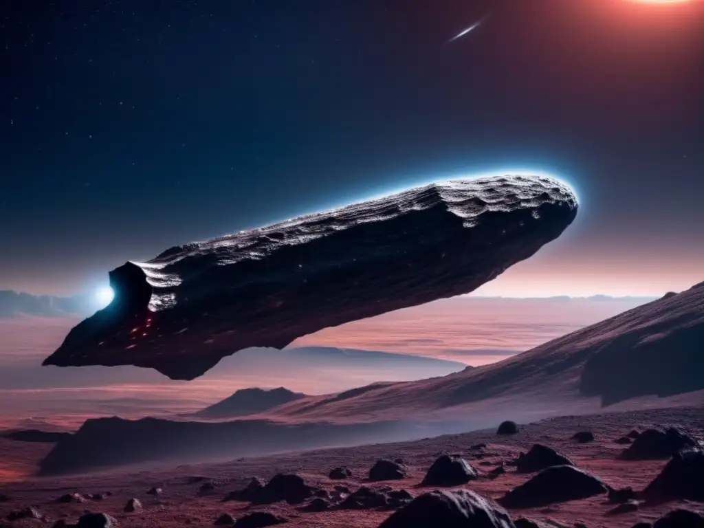 A captivating image of mysterious 'Oumuamua, glowing in a reddish hue with a smooth surface