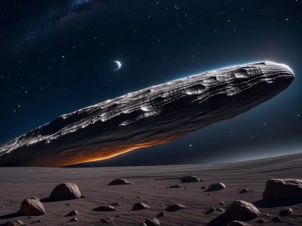This magnificent closeup photograph captures the elongated shape of 'Oumuamua, a rare interstellar visitor, with stunning truetolife colors and realistic lighting, evoking a sense of mystery and wonder