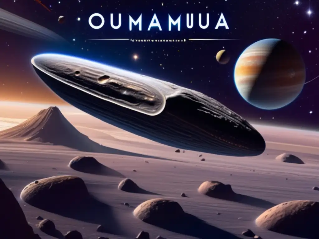 Oumuamua traverses the cosmos with grace and mystery, emitting a soft glow amid a sea of stars, galaxies, and planets