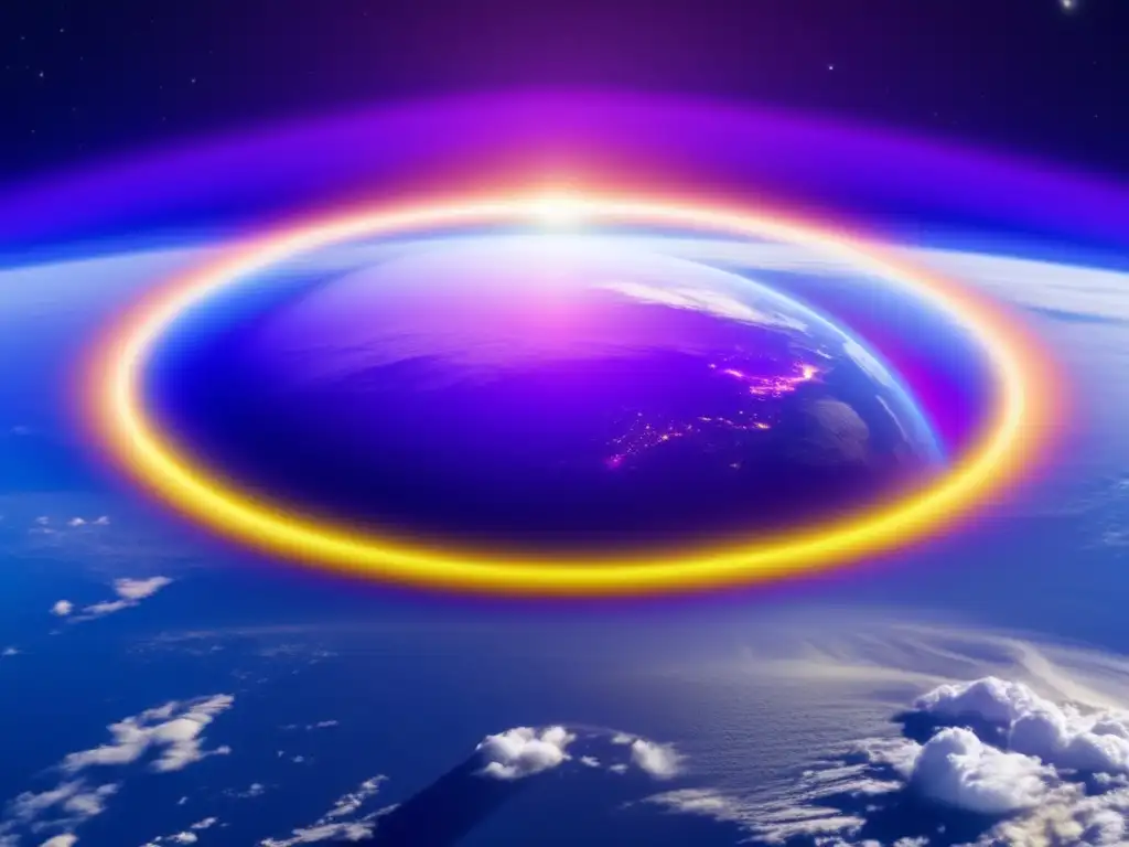 A breathtaking image of Earth's atmosphere viewed from space, showcases a prominent yellow halo surrounding the Ozone Layer in the center