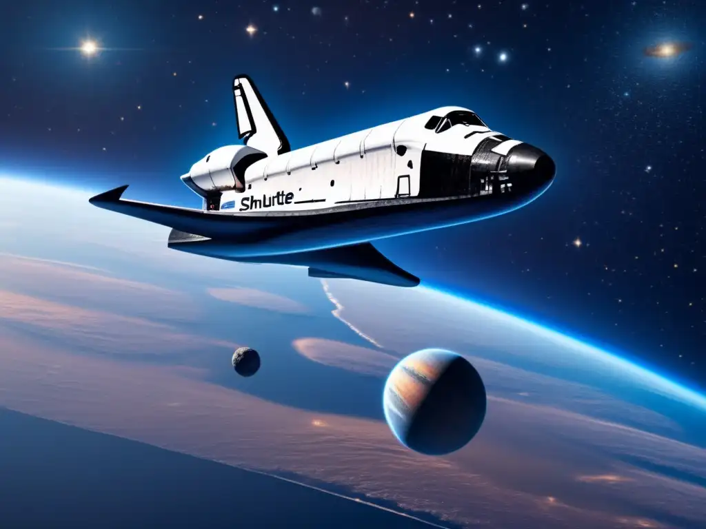 Photorealistic image of a space shuttle floating in the deep, dark expanse of space, surrounded by an endless sea of stars