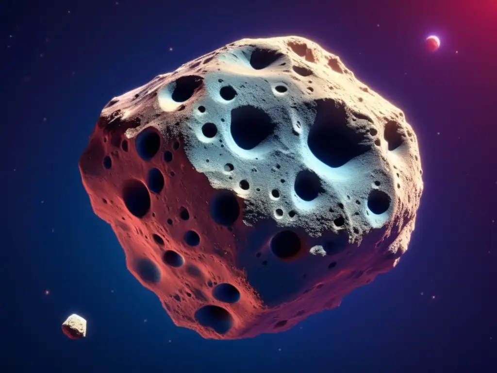 A stunning photo of asteroid Pallas, captured by an 8k ultradetail lens, magnifies its jagged face and intricate craters, set against a vibrant red and bluetoned atmosphere