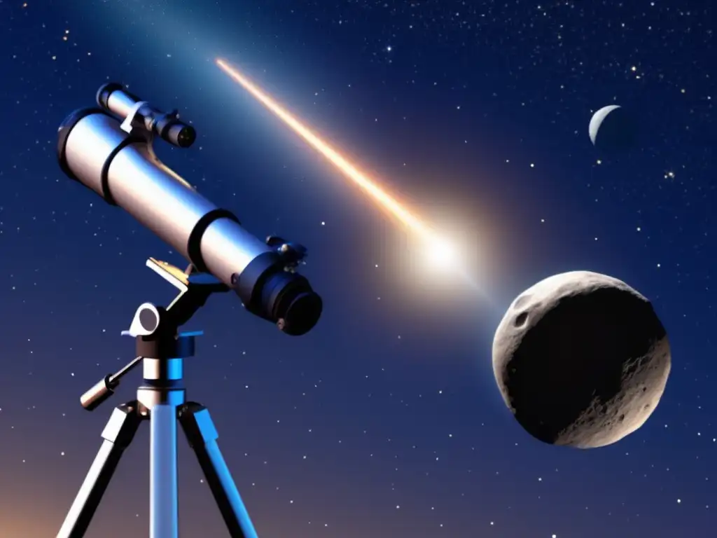 Telescope focused on distant asteroid, with photorealistic surface details and parallax-induced motion