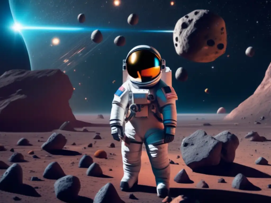 An astronaut in spacesuit stands tall on a small spaceship amidst a sea of asteroids in Perseus star cluster