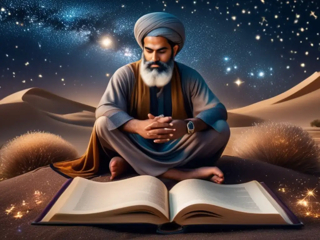 A photorealistic image of a Persian poet sitting amongst a field of stars and galaxies