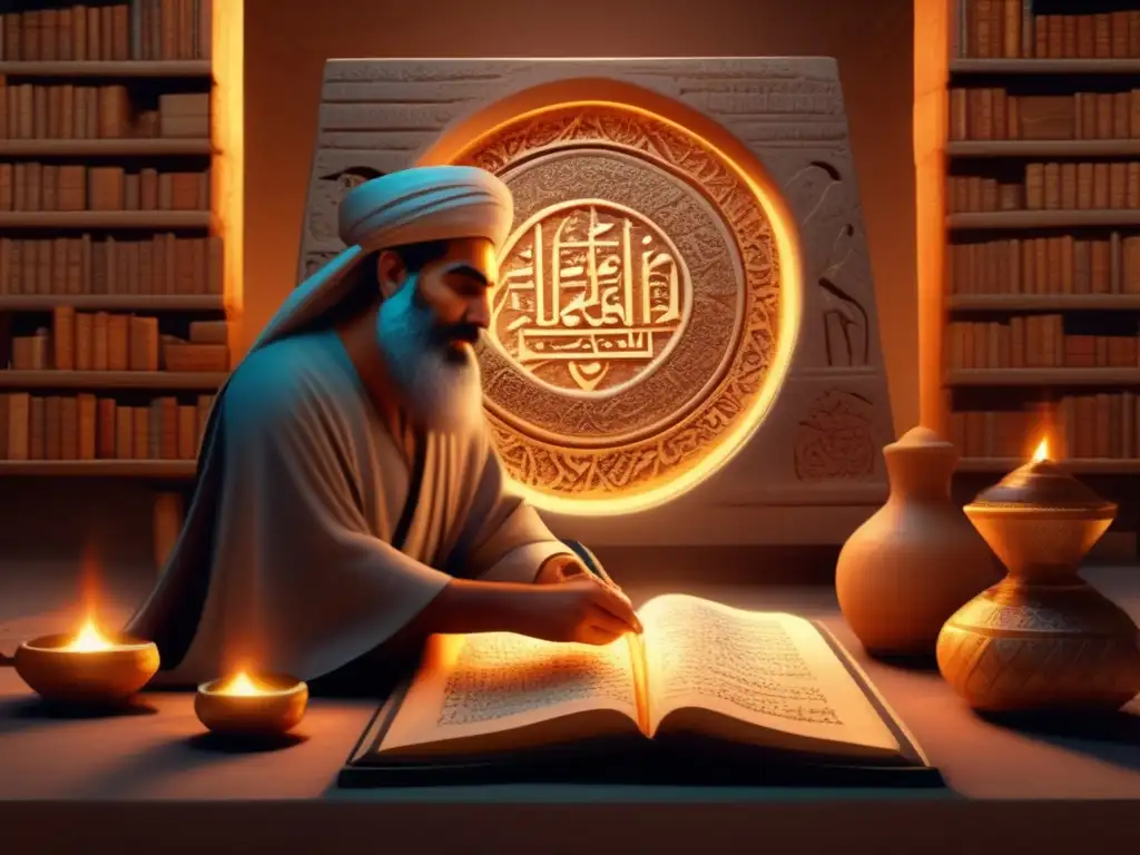 Ancient Persian scribe meticulously carving intricate symbols and stories onto a stone tablet under the soft glow of flickering firelight in a dimly lit room