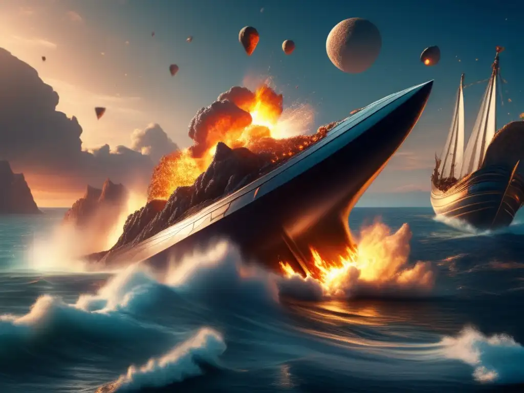 In this photorealistic image, Phaethon crashes into the sea with his burning chariot, sinking into the water and disappearing into the depths