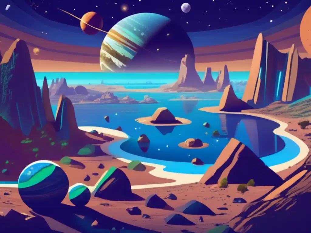 A mesmerizing map of a dynamic planet with a detailed geological formation texture and terrain, set against the backdrop of spacecraft hovering in the distance