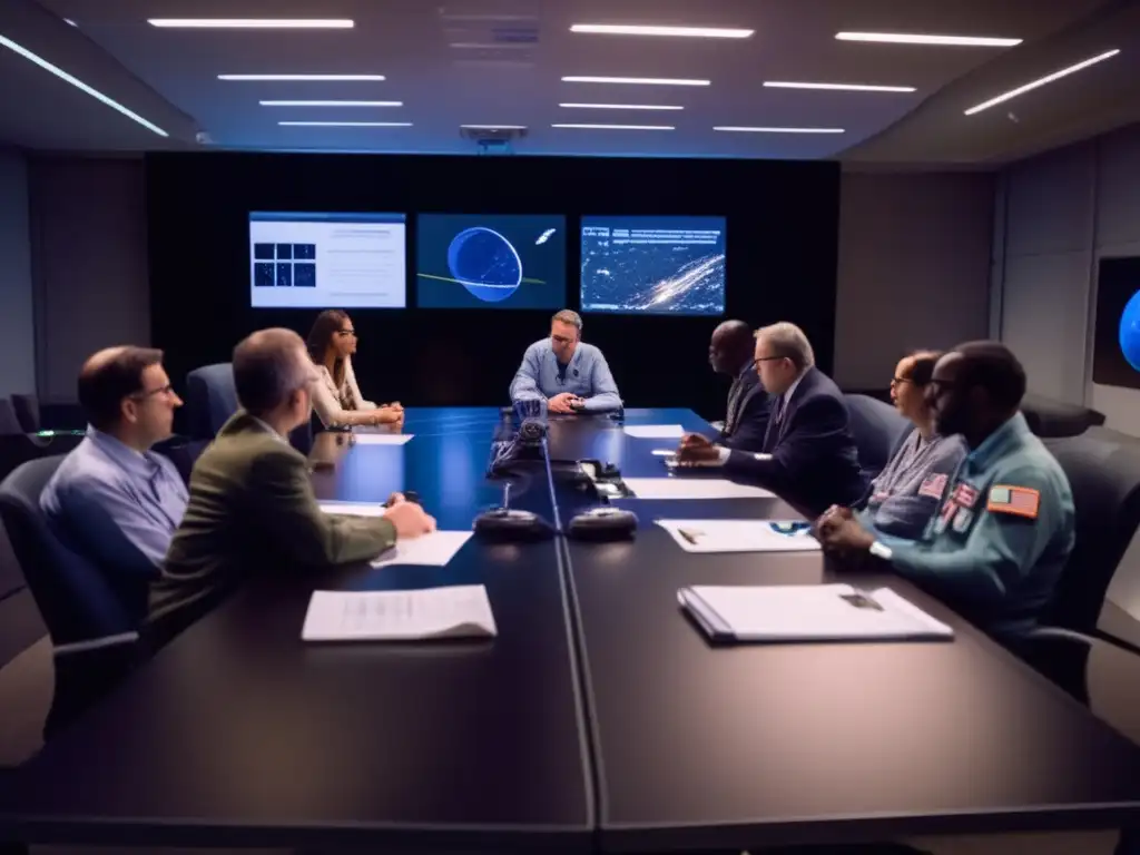 A detailed view of a group of scientists and military personnel, with various tools and technologies scattered around them, huddled around a large table, discussing their plans for planetary defense coordination in the face of an incoming asteroid threat