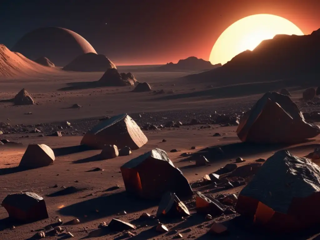 A breathtaking photorealistic depiction of a barren, debris-strewn planetary landscape, with sun setting in the distance and casting long shadows
