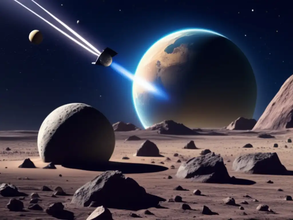 A highresolution, photorealistic image of a sleek, futuristic planetary defense system protecting Earth from asteroid impacts