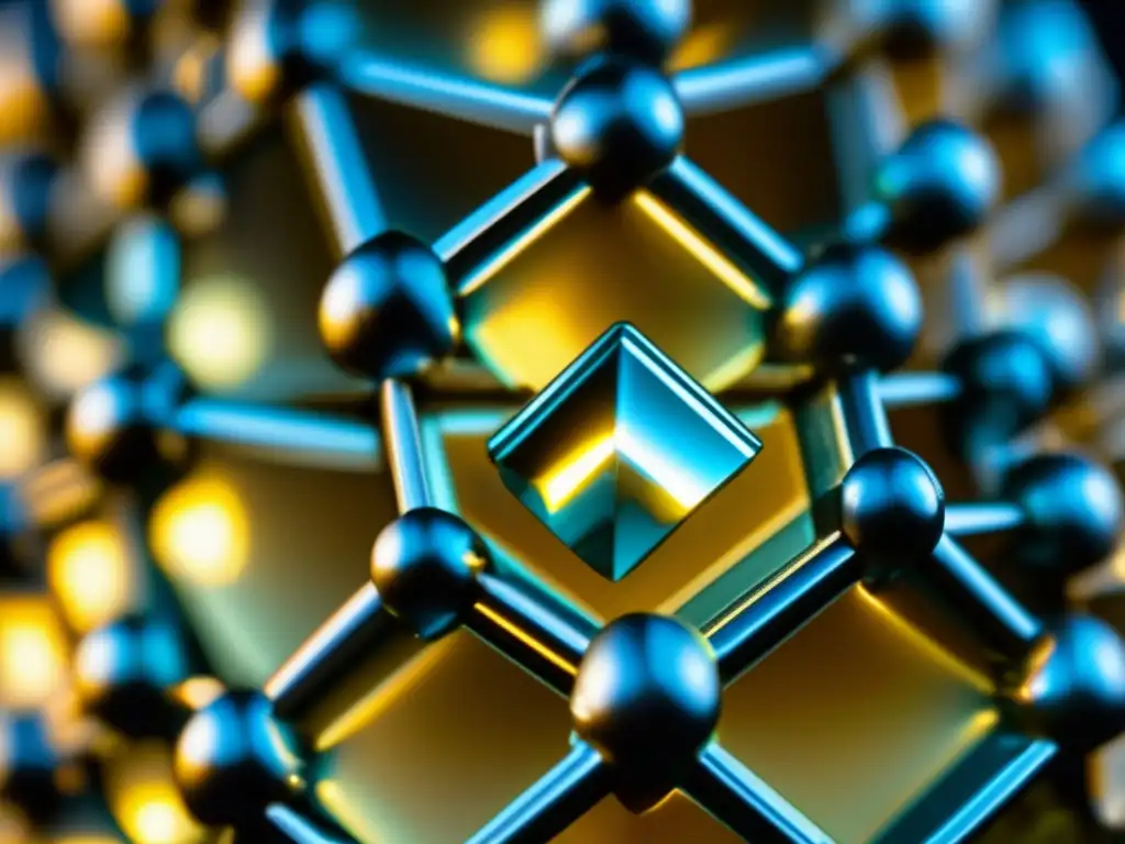 Magnificent closeup of platinum group element crystal under high pole light, showcasing intricate lattice of atoms and polished edges
