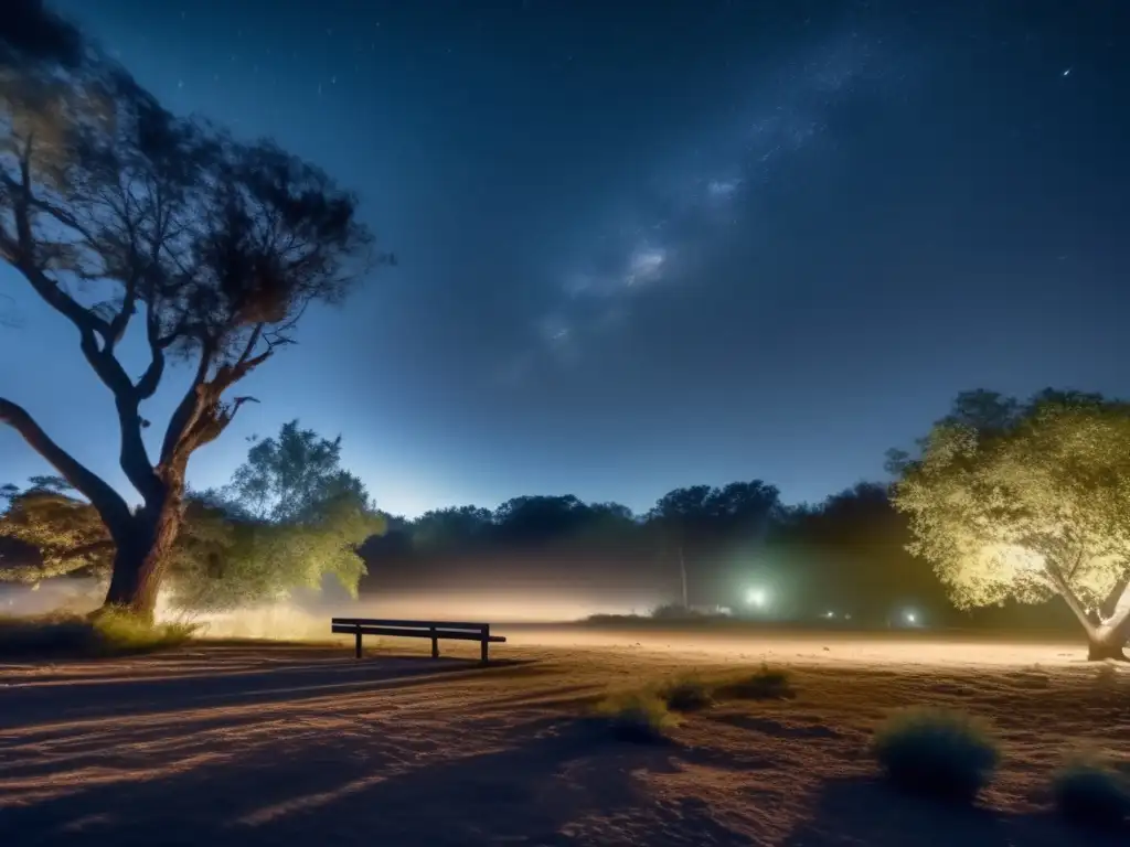 In the heart of the city, the night sky is tainted by pollution, casting shadows over the surrounding trees and wildlife