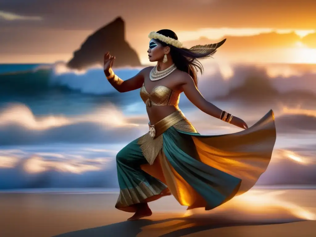 A stunning image of a Vogu dancer perform on a Pacific ocean shore, wearing intricate traditional attire and a subtle death mask