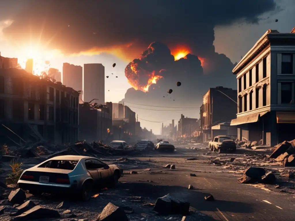 This hauntingly realistic image captures the devastating impact of an asteroid hit on a postapocalyptic cityscape