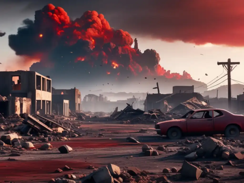 This photorealistic image portrays the devastation caused by an asteroid impact on a small town