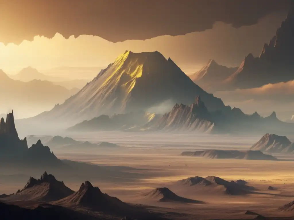 An postapocalyptic planet with jagged mountain peaks rising up in the distance, surrounded by a pale yellow hue