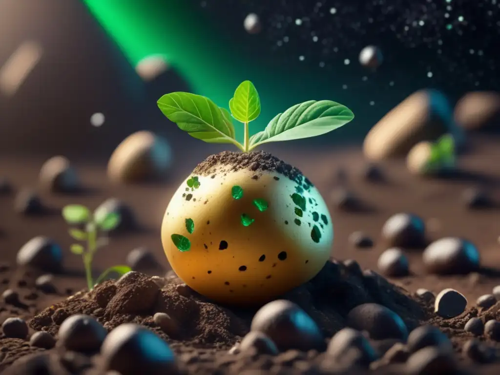 A stunning photorealistic image captures the growth of a potato seedling in a surreal, tabletop asteroid environment