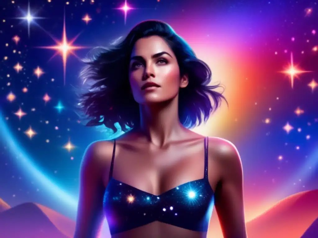 A captivating photorealistic image of a powerful woman standing in front of a backdrop of glowing stars, with one arm raised towards the sky