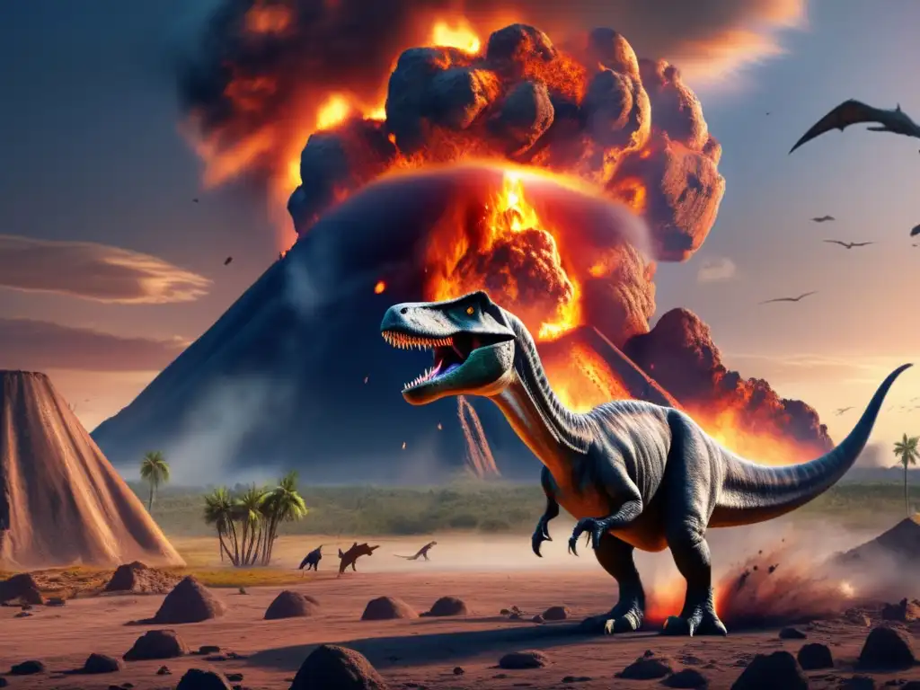 A photorealistic depiction of a prehistoric Earth landscape devastated by an asteroid impact, with explosive fires and an impact crater